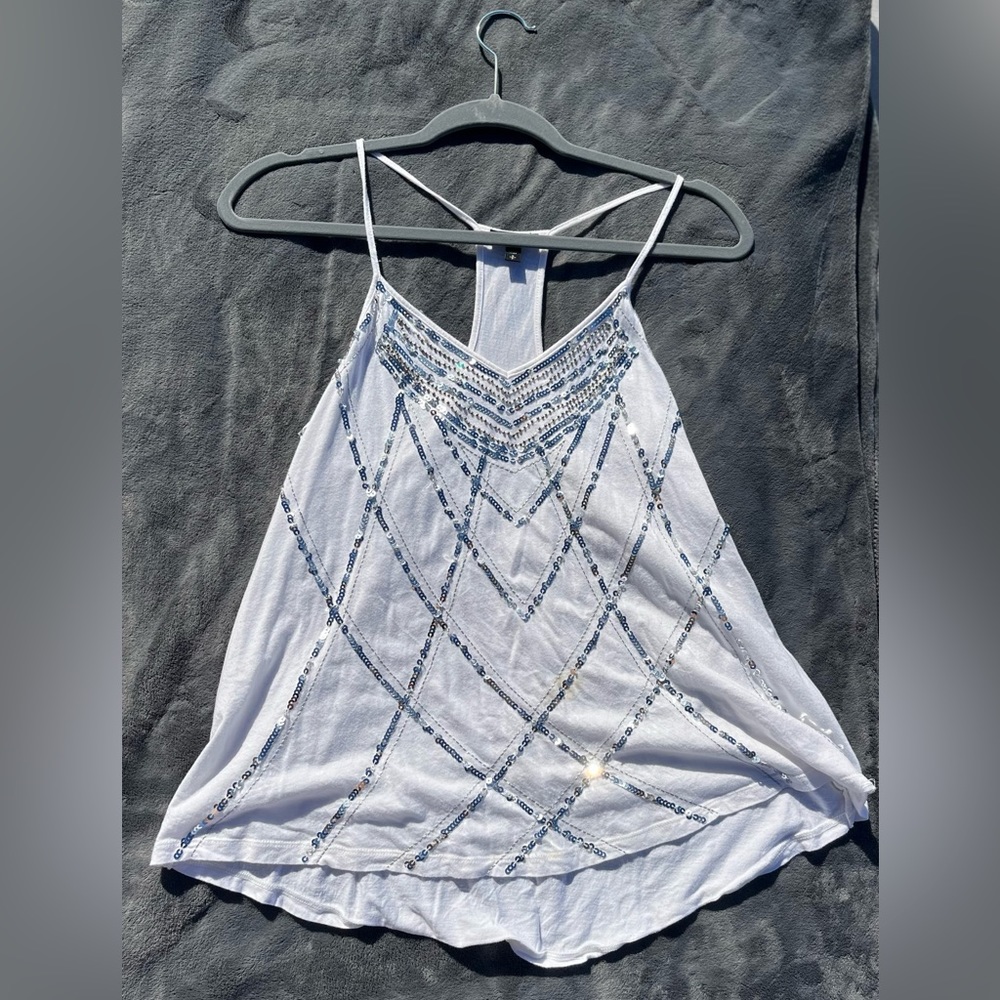 Express Sequin White and Silver Tank Top Woman’s Size Small V Neck